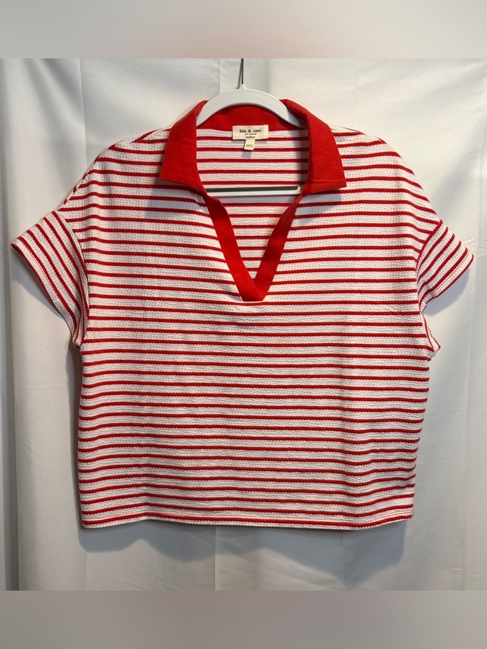 Kim & Cami Red and White Striped Short Sleeve Polo Top